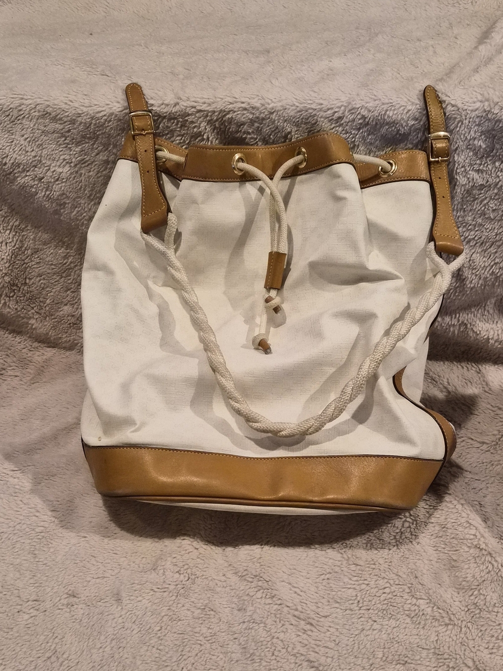 Vintage Gucci Canvas Drawstring Tote Bag with Tan Trim 13x15